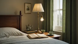 Livre ouvert posé sur un lit défait, près d'une table de chevet avec lampe en laiton allumée et tasse de thé, devant une fenêtre aux rideaux vert mousse