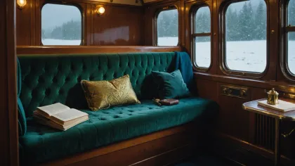 Compartiment de train ancien aux boiseries vernies, banquette de velours vert, livre ouvert posé sur l'assise près d'un coussin doré, neige tombant derrière la vitre