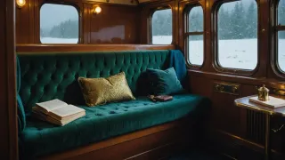 Compartiment de train ancien aux boiseries vernies, banquette de velours vert, livre ouvert posé sur l'assise près d'un coussin doré, neige tombant derrière la vitre