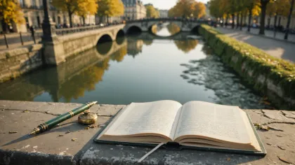 Carnet manuscrit ouvert et stylo-plume posés sur un parapet de pierre, au-dessus d'une rivière bordée d'arbres jaunis et d'un pont de pierre
