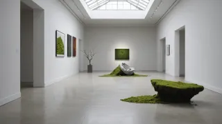 Salle blanche et vide d'un centre d'art sous verrière, avec au sol deux installations de mousse verte et un tissu froissé posé sur le béton ciré