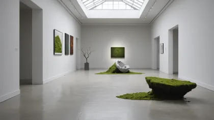 Salle blanche et vide d'un centre d'art sous verrière, avec au sol deux installations de mousse verte et un tissu froissé posé sur le béton ciré