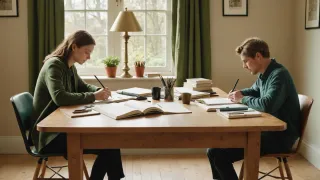 Table ronde en bois clair dans une salle lumineuse, carnets ouverts, stylos et mains posées sur une page, personnes vues de dos