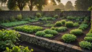 Potager clos de murs de pierre sèche au lever du soleil, carrés de salades et de légumes, grands arbres dans la brume dorée