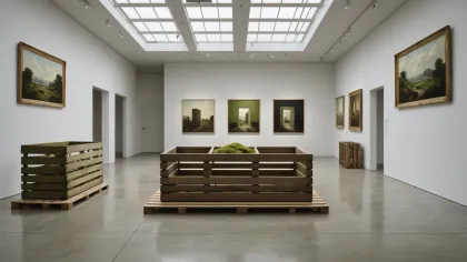 Caisses de transport en bois empilées dans une salle d'exposition vide aux murs blancs, lumière froide de verrière, cimaises nues