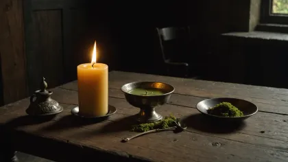 Chandelle allumée posée sur une table de bois sombre, dont la flamme éclaire une main et laisse le reste de la pièce dans l'ombre