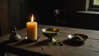 Chandelle allumée posée sur une table de bois sombre, dont la flamme éclaire une main et laisse le reste de la pièce dans l'ombre