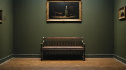 Banc de musée en bois vide au centre d'une salle aux murs vert olive et au parquet à chevrons, sous un grand tableau sombre à cadre doré