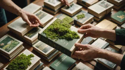 Mains ouvrant un roman au-dessus d'une table de librairie couverte de livres empilés, sous une lumière chaude de fin de journée