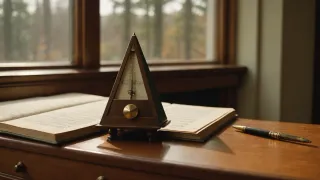 Métronome en bois posé devant un livre ouvert sur un meuble ancien, près d'une fenêtre donnant sur des arbres d'automne
