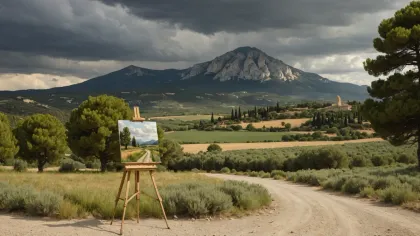 Chevalet portant une petite toile de paysage au bord d'un chemin de terre en Provence, face à une montagne calcaire et à des pins sous un ciel d'orage