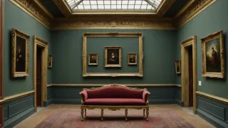 Salle de musée aux murs vert sombre éclairée par une verrière, avec une banquette de velours rouge au centre et des tableaux anciens dans des cadres dorés