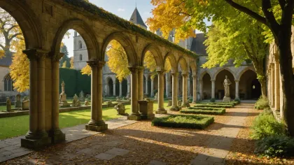 Cloître d'une ancienne abbaye aux arcades de pierre blonde, jardin semé de statues et de feuilles mortes, arbres dorés par l'automne
